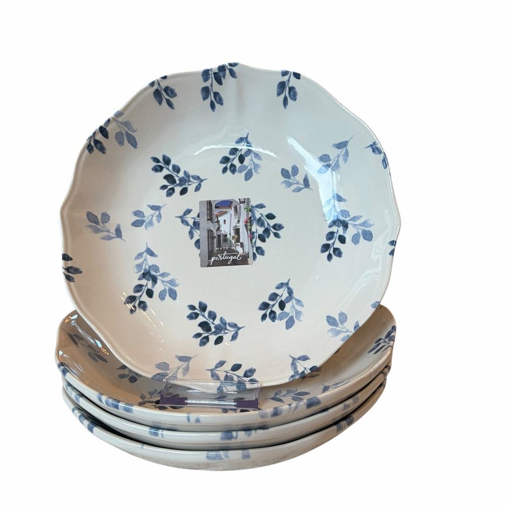 4pc Matceramica Portugal Blue Floral Salad Bowls 8.5in Stoneware Scalloped NEW
